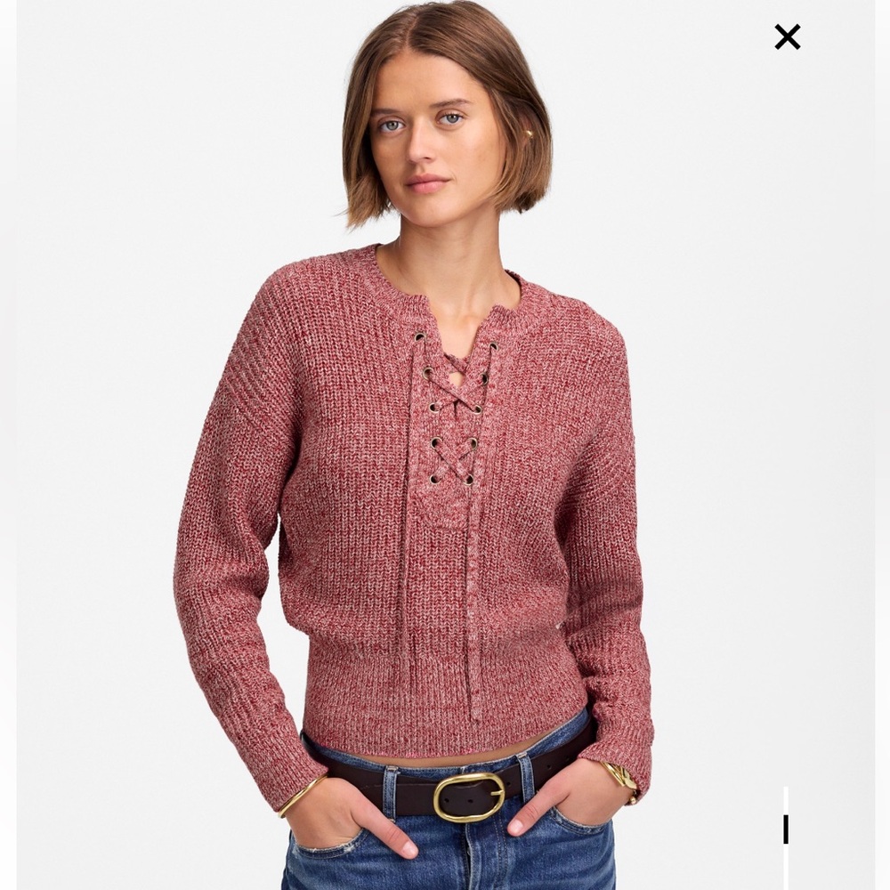 NWT! MADEWELL Marled Ribbed Lace-Up Sweater - Red